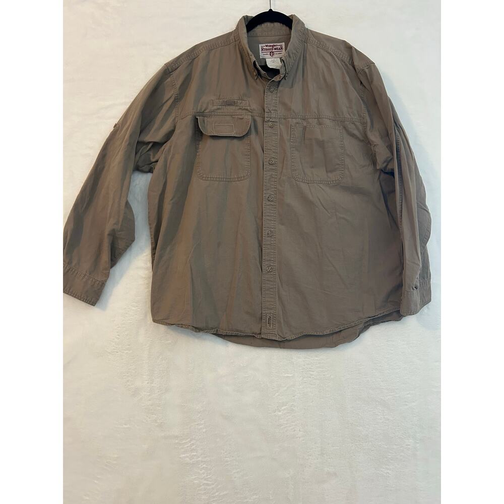 Wrangler Rugged Wear Mens XXL Brown Long Sleeve Cotton Button Down Shirt R945LSB